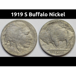 1919 S Buffalo Nickel - antique San Francisco mintmark American bison coin