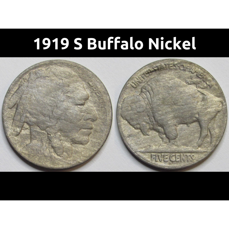1919 S Buffalo Nickel - antique San Francisco mintmark American bison coin 1919 S Buffalo Nickel - antique San Francisco mintmark American bison coin
