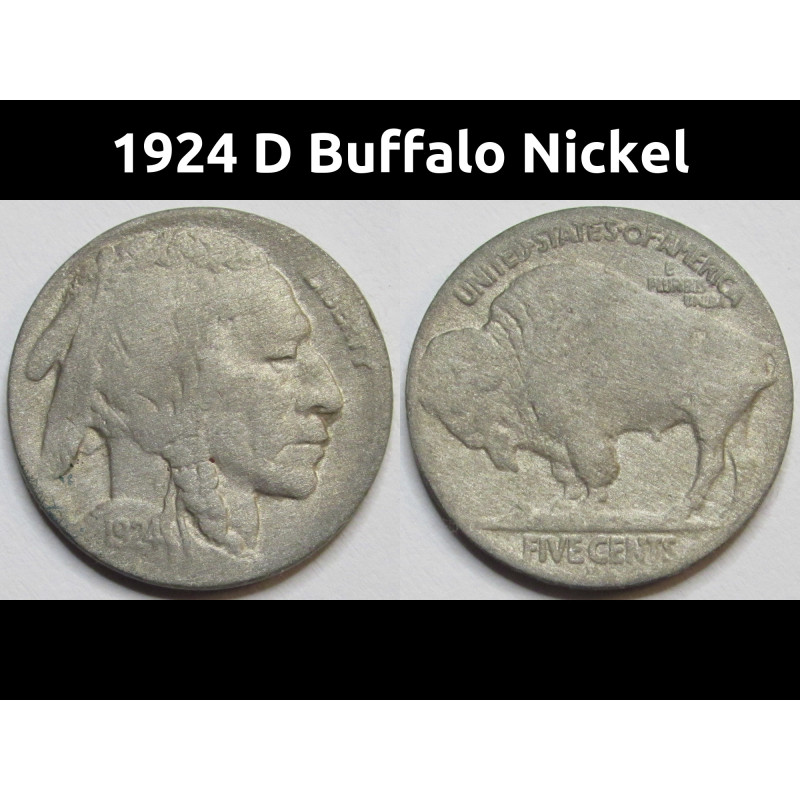 1924 D Buffalo Nickel - antique Denver mintmark American Indian nickel 1924 D Buffalo Nickel - antique Denver mintmark American Indian nickel