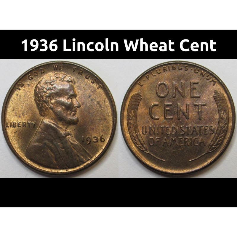 1936 Lincoln Wheat Cent - antique uncirculated toned American wheat penny 1936 Lincoln Wheat Cent - antique uncirculated toned American wheat penny