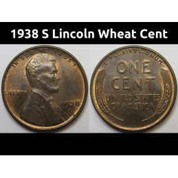 1938 S Lincoln Wheat Cent - antique uncirculated San Francisco mintmark wheat penny
