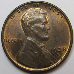 1938 S Lincoln Wheat Cent - antique uncirculated San Francisco mintmark wheat penny