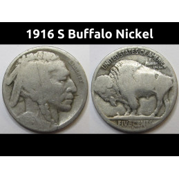 1916 S Buffalo Nickel - antique San Francisco mintmark American Indian coin