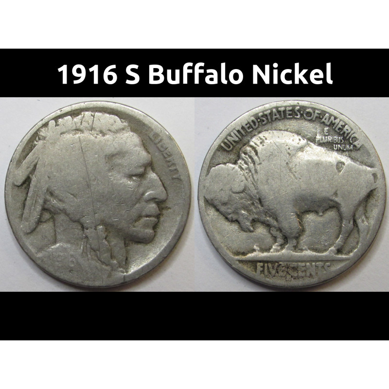 1916 S Buffalo Nickel - antique San Francisco mintmark American Indian coin