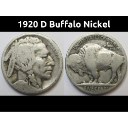 1920 D Buffalo Nickel - antique Denver mintmark American Indian coin
