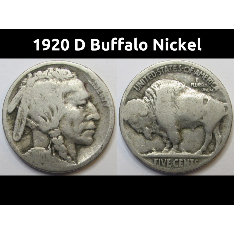 1920 D Buffalo Nickel - antique Denver mintmark American Indian coin