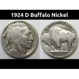 1924 D Buffalo Nickel - antique Denver mintmark American Indian coin