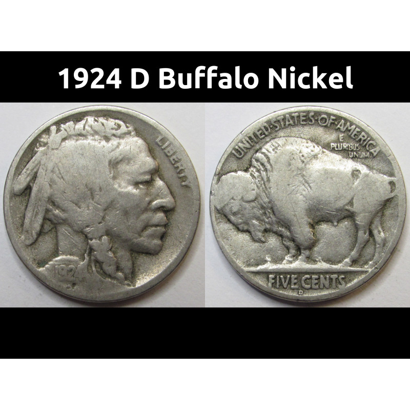 1924 D Buffalo Nickel - antique Denver mintmark American Indian coin
