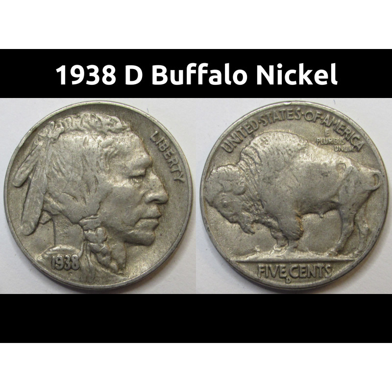 1938 D Buffalo Nickel - antique final year of issue Denver mintmark coin