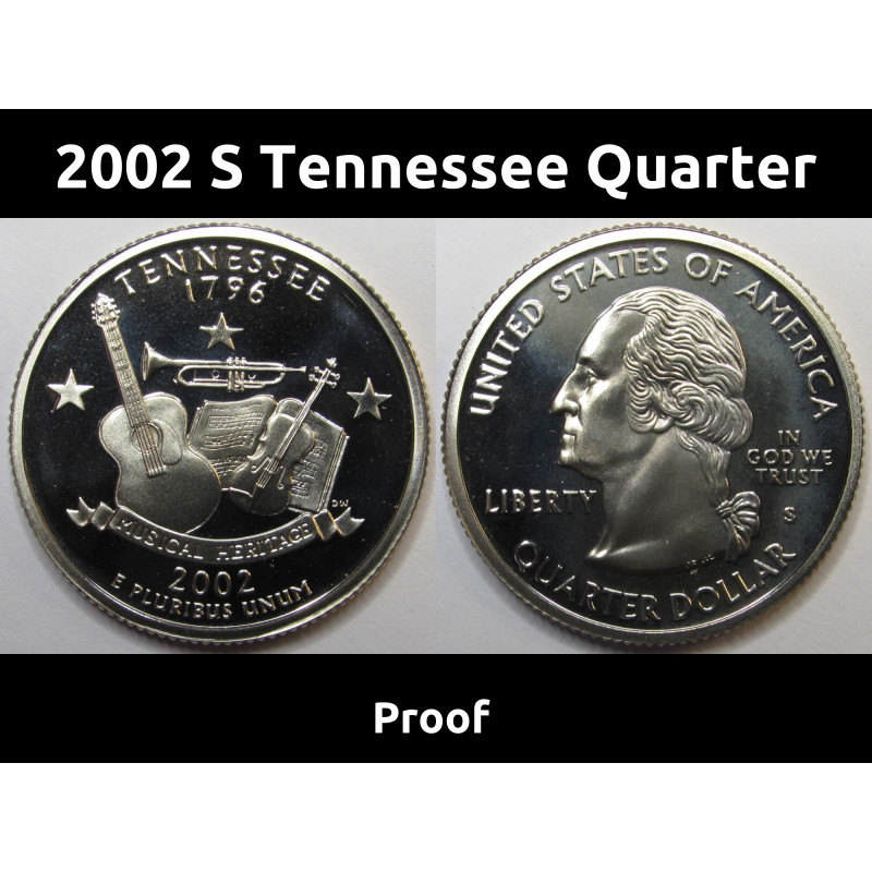 2002 S Tennessee Quarter - brilliant proof finish American state quarter 2002 S Tennessee Quarter - brilliant proof finish American state quarter