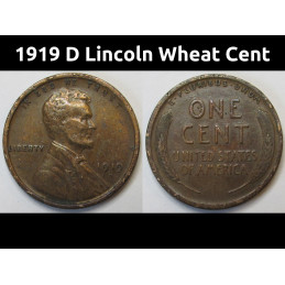 1919 D Lincoln Wheat Cent - antique Denver mintmark American wheat penny