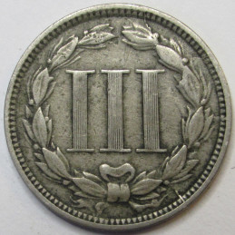 1865 Nickel Three Cents - antique Civil War era odd denomination American coin