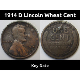 1914 D Lincoln Wheat Cent - key date low mintage American wheat penny