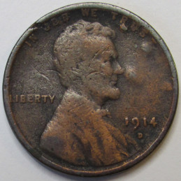 1914 D Lincoln Wheat Cent - key date low mintage American wheat penny