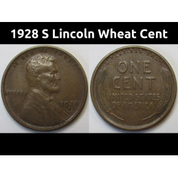 1928 S Lincoln Wheat Cent - antique San Francisco mintmark wheat penny