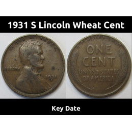 1931 S Lincoln Wheat Cent - key date low mintage San Francisco mintmark wheat penny