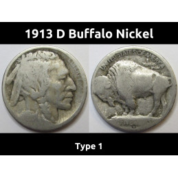 1913 D Buffalo Nickel - Type 1 - first year of issue raised mound Indian Head nickel