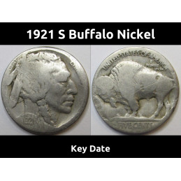 1921 S Buffalo Nickel - key date American Indian five cent coin