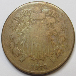 1870 Two Cent Piece - low mintage Reconstruction era copper coin