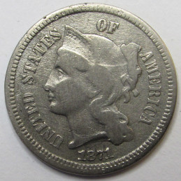 1871 Nickel Three Cents - antique better date American three cent coin