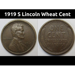 1919 S Lincoln Wheat Cent - antique better condition San Francisco mintmark wheat penny