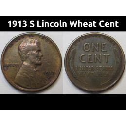 1913 S Lincoln Wheat Cent - antique San Francisco mintmark American wheat penny