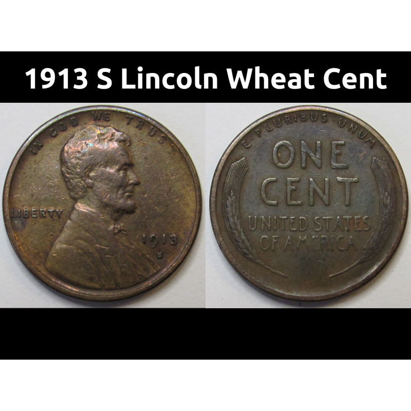 1913 S Lincoln Wheat Cent - antique San Francisco mintmark American wheat penny 1913 S Lincoln Wheat Cent - antique San Francisco mintmark American wheat penny