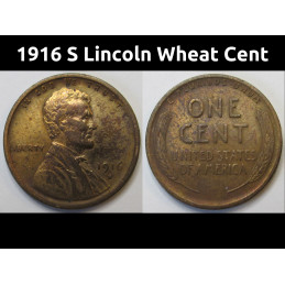 1916 S Lincoln Wheat Cent - antique San Francisco mintmark wheat penny