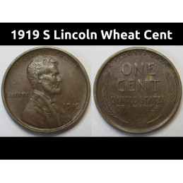 1919 S Lincoln Wheat Cent - antique San Francisco mintmark wheat penny