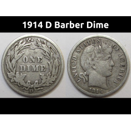 1914 D Barber Dime - well detailed Denver mintmark American silver dime