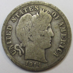 1914 D Barber Dime - antique Denver mintmark American silver dime