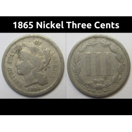 1865 Nickel Three Cents - antique Civil War era odd denomination coin
