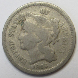 1865 Nickel Three Cents - antique Civil War era odd denomination coin