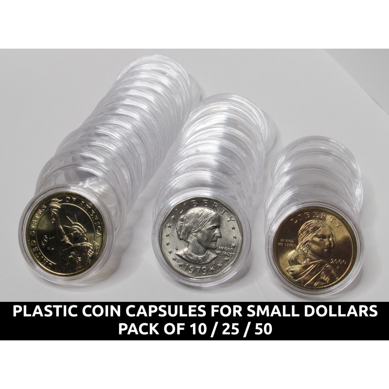 Small Dollar sized Plastic Coin Capsules - 27 mm holders for coins - pack of 10 / 25 / 50