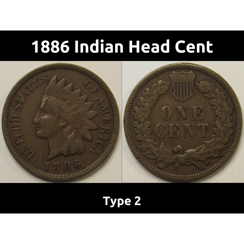 1886 Indian Head Cent - Type 2 - antique scarce American Indian penny