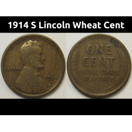 1914 S Lincoln Wheat Cent - antique scarce date San Francisco mintmark penny