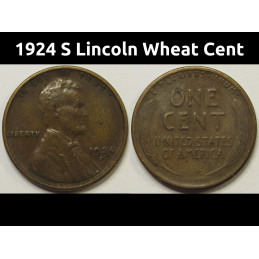 1924 S Lincoln Wheat Cent - antique San Francisco mintmark wheat penny