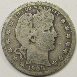 1908 Barber Quarter - antique American silver quarter 1908 Barber Quarter - antique American silver quarter