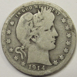 1914 Barber Quarter - better condition antique American silver coin 1914 Barber Quarter - better condition antique American silver coin