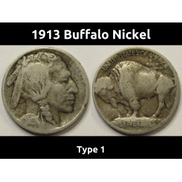 1913 Buffalo Nickel - Type 1 - antique raised mound design American five cent coin