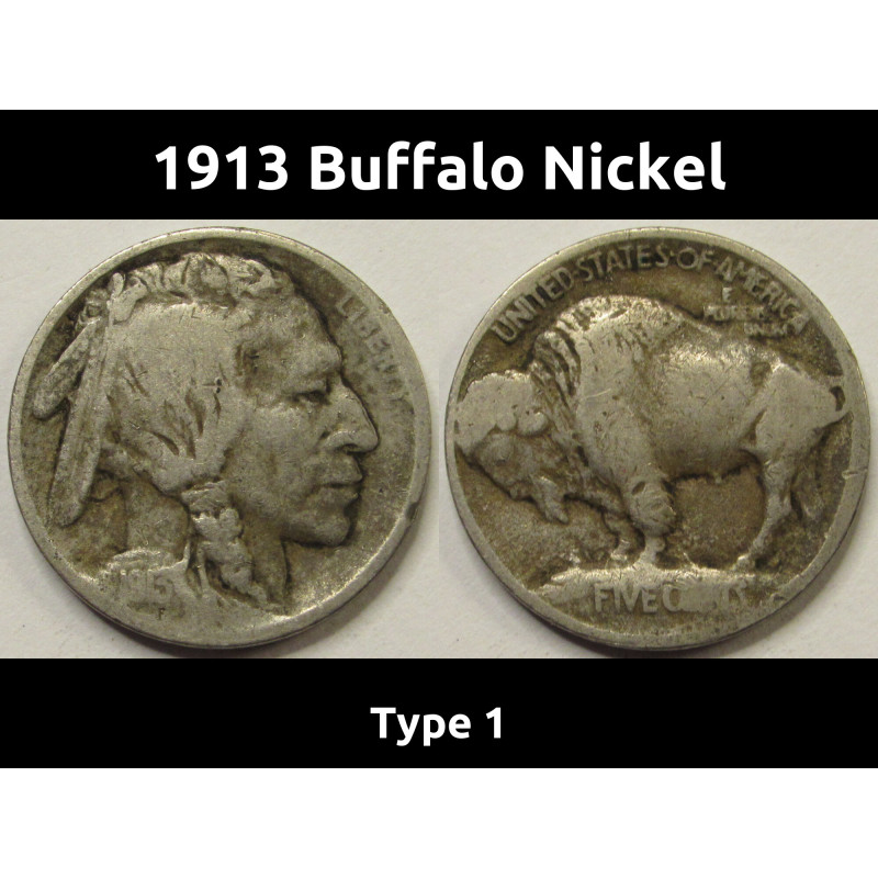 1913 Buffalo Nickel - Type 1 - antique raised mound design American five cent coin 1913 Buffalo Nickel - Type 1 - antique raised mound design American five cent coin