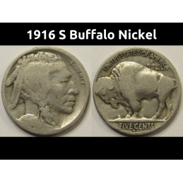 1916 S Buffalo Nickel - antique San Francisco mintmark American Indian five cent coin