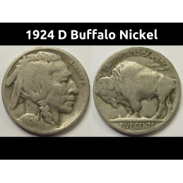 1924 D Buffalo Nickel - antique Denver mintmark American Indian five cent coin