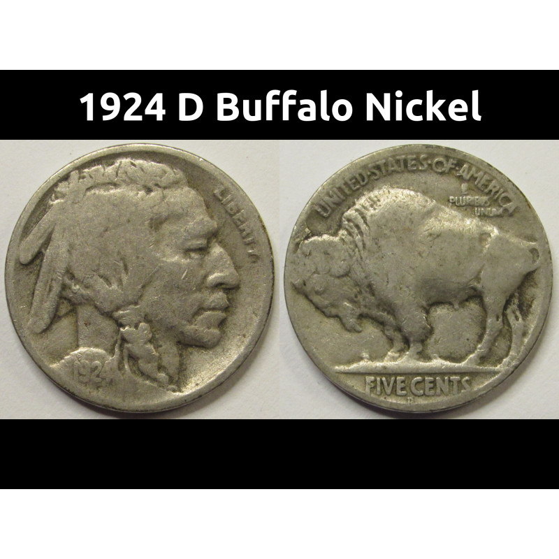 1924 D Buffalo Nickel - antique Denver mintmark American Indian five cent coin 1924 D Buffalo Nickel - antique Denver mintmark American Indian five cent coin