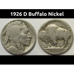 1926 D Buffalo Nickel - antique Denver mintmark American Indian five cent coin