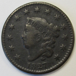 1827 Coronet Head Large Cent - antique early American copper penny 1827 Coronet Head Large Cent - antique early American copper penny