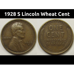 1928 S Lincoln Wheat Cent - antique San Francisco mintmark wheat penny