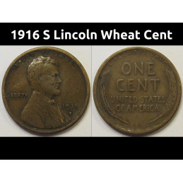 1916 S Lincoln Wheat Cent - antique San Francisco mintmark penny