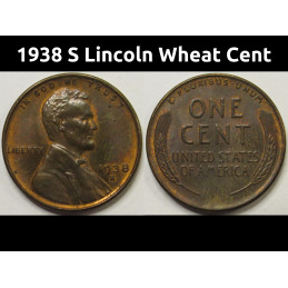 1938 S Lincoln Wheat Cent - antique San Francisco mintmark American wheat penny