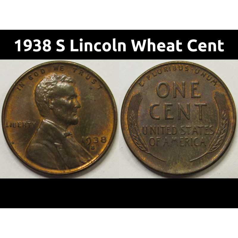 1938 S Lincoln Wheat Cent - antique San Francisco mintmark American wheat penny 1938 S Lincoln Wheat Cent - antique San Francisco mintmark American wheat penny